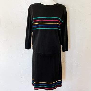 80s/90s Black Rainbow Striped Jersey 2 Piece Set Top and Skirt | Small/Medium/Large 
