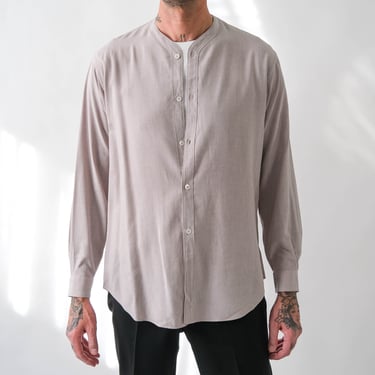 Vintage 90s Giorgio Armani Light Gray Taupe Collarless Rayon Gabardine Button Up Shirt | Made in Italy | 1990s Armani Designer Mens Shirt 