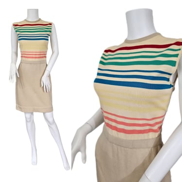 Sebastian 1960's Tan Rainbow Stripe Italian Wool Knit Sweater Dress I Sz Sm -Med 