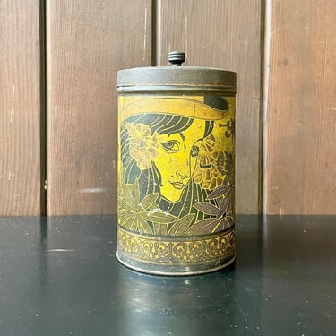 1930s Antique Tea Can Cannister Black Gold Women Face of Flapper Vintage Art Deco 