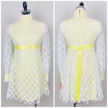1970s Vintage White and Yellow Empire Waist Mini Dress / 70s / Seventies Sheer Sleeve Lace Ribbon Dress / Size Small / Medium 