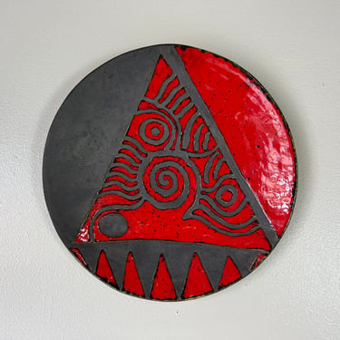 Mid-century  Danish Modern Black And Red Pottery Wall Plate, Signed 