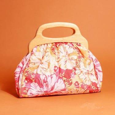 90s Pink Orange Hibiscus Print Purse Vintage Wood Handle Bag 