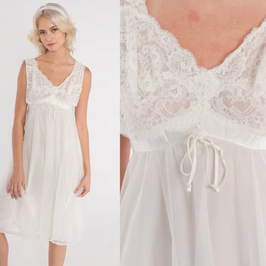 White Lace Nightgown 70s Babydoll Slip Lingerie Mini Dress Sleeveless V Neck Empire Waist Nightie Boudoir Bridal Vintage 1970s Small 