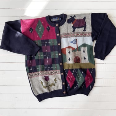cute cottagecore sweater | 80s 90s vintage Tulchan Scottish novelty dog castle thistle scenic fairy tale intarsia cardigan 