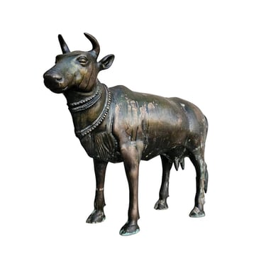 Large Early Indian Patinated Bronze Copper Alloy Nandi Bull Figure -  Hindu Temple Sculpture / Antique Religious Statue - India Deccan 