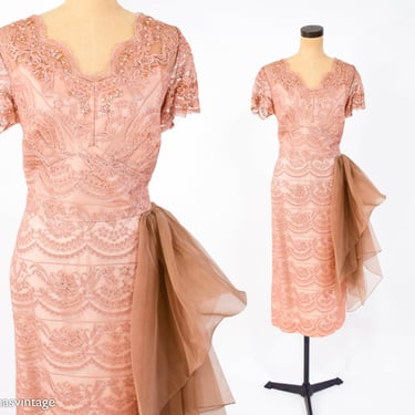 1940s Peach Lace & Organza Cocktail Party Dress | 40s Earth Brown Lace Cocktail Dress | X Large 