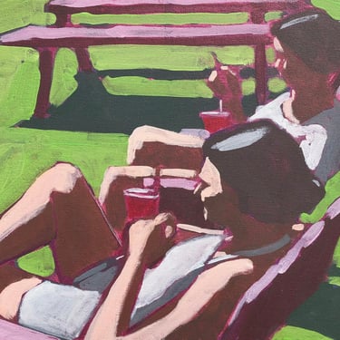 Women in Chairs - Original Painting on Canvas, 16 x 12, small, fine art, figurative, girls, drinking, michael van, red solo cup, gallery 