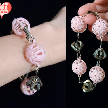 Cute Vintage 60s Light Pastel Pink Plastic Ball & Metal Link Bracelet 