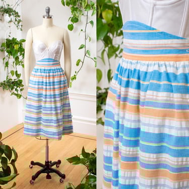 Vintage 1970s Skirt | 70s COURRÈGES Deadstock Striped Cotton Extra High Waisted Blue Orange White Pockets Full Swing Designer NWT | small 
