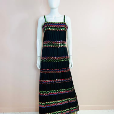 Vtg 1970s Black Striped Colorful Sequin Maxi Dress Studio 54 