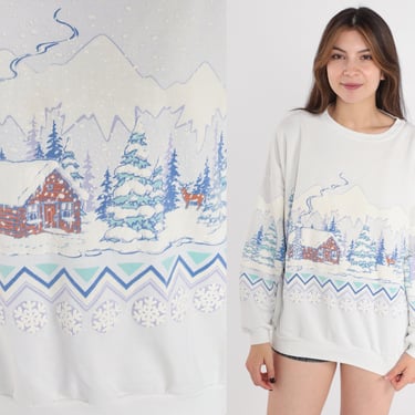 Winter Snow Sweatshirt 90s Log Cabin Sweater Snowflake Graphic Shirt Retro Ski Snowy Crewneck White Vintage 1990s Medium Extra Large M L XL 