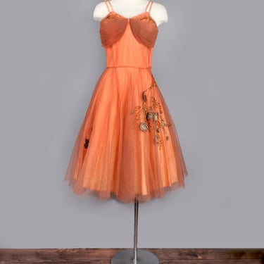 Emma Domb 1950's Bronze Tulle PARTY DRESS Gown, Copper Brown Beaded Vintage Evening Prom Dress, Size 16, Medium, Full Skirt, Fit & Flare 