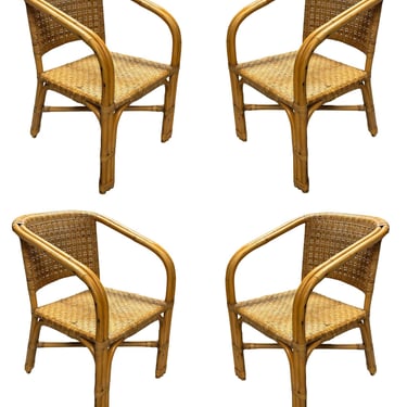 Restored Modern 2-Strand Rattan Armchair Dining Chair w/ Wicker Seat, Set of 4 