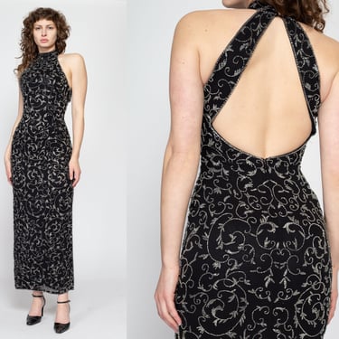 XS 90s Oleg Cassini Black Silk Beaded Evening Gown | Vintage Keyhole Back Side Slit Formal Maxi Dress 
