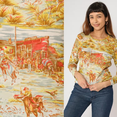 70s Wild West Shirt Cowboy Horse Print Top Retro Yellow Western Rodeo Novelty Print Long Sleeve Vintage 1970s Fitted Medium M 