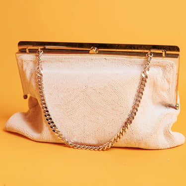 50s White Beaded Silver Chain Strap Purse Vintage Clamp Clutch 