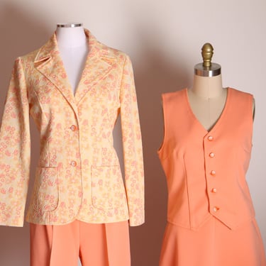 1970s Peach Pink Orange Double Knit Floral Jacket, High Waisted Pants, Skirt and Vest Four Piece Womens Suit -M-L 
