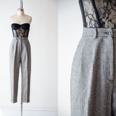 high waisted pants | 80s 90s vintage black white checkered plaid wool dark academia straight leg trousers 