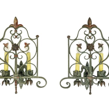 Restored Pair of Green French Wrought Iron Fluer De Lis Wall Sconces