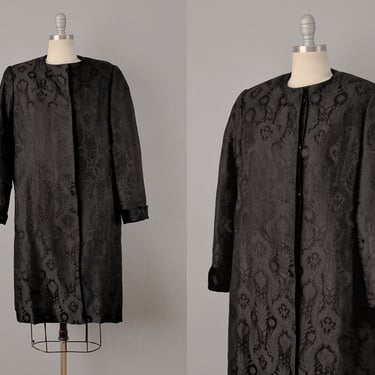 60s Coat // 1960’s Galanos Black Silk Brocade Coat // M-L 