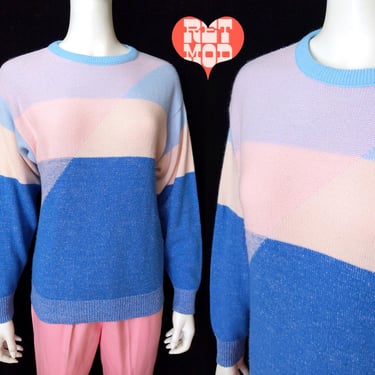 Unique Vintage 70s 80s Pastel Pink Blue Color Block Pullover Sweater 