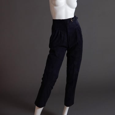 1970s Céline high-waisted suede pants in navy with gold hardware and built in belt 