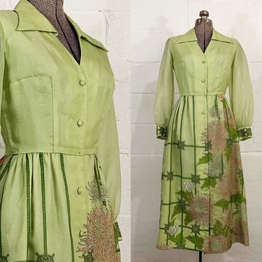 Vintage Alfred Shaheen Dress Floral Long Bishop Sleeves Hostess Lime Green Screen Print Dress Sheen Small 1970s 1960s 