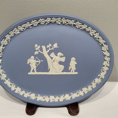 Vintage Wedgwood Blue Jasperware Cupid Oval Vanity Tray Plaque, french cottage core decor, cupids plate, oval wall decor 