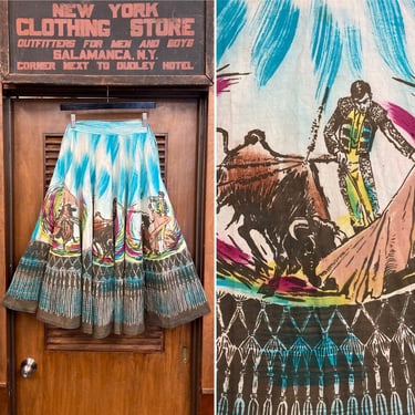 Vintage 1950’s Atomic Bullfighter Cotton Rockabilly Mexican Wrap Circle Skirt, Rockabilly, Circle Skirt, Wrap Skirt, Bullfighter, Matador, 