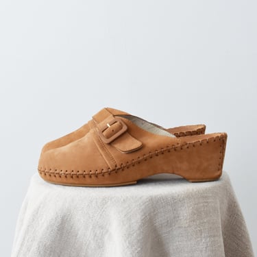 vintage tan clogs, nubuck leather slip-on shoes, eu 40 / us 9 