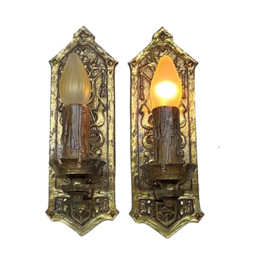 Stunning pair 1910s or 1920s cast brass tudor or romantic revival sconces #2353 