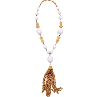 Trifari 1960s White Ball/ Gold Tassel Crown Necklace 