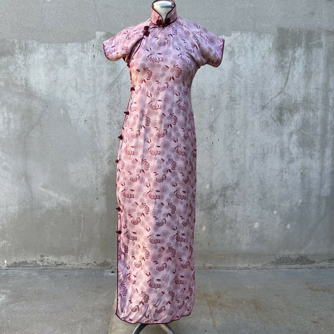 Vintage 1930s Chinese Pink Floral Silk Cheongsam Dress Ponku Closures Antique