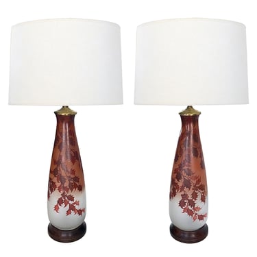 Large Pair of French Leune/Daum Enameled Vases as Lamps; Signed Leune