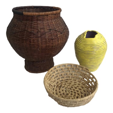 Vintage Natural Woven Bamboo Rattan Wicker Planter Basket | Organic Form Pedestal Base | Boho Display Decor 