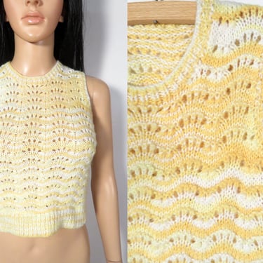 Vintage 70s Sunshine Yellow Marbled Scallop Knit Crop Top Size XS 