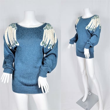 1980's Teal Blue Woven Rayon Oversized Pullover Sweater I Sz Lrg I Leather Wing Appliques 