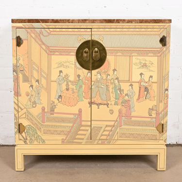 Drexel Heritage Hollywood Regency Chinoiserie Hand-Painted Cream Lacquered Bar Cabinet