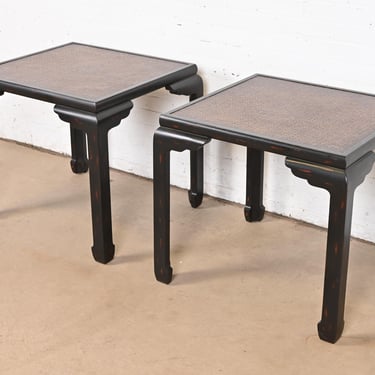 Baker Furniture Hollywood Regency Chinoiserie Black Lacquered Side Tables, Pair