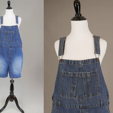 90s Denim Shorts Overalls - Blue Cotton Jean Carpenter Bib Shortalls - Route 66 - Vintage 1990s - XL 