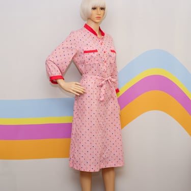 Vintage 1970s Red Floral Belted Dress | Medium | i-10 