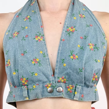 70s Ditsy Floral Denim Halter Top