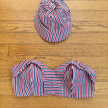 Vintage 1940s Swimsuit Top and Cap Set Red White Blue Stripe Cotton Bustier Bra Small by TimeBa