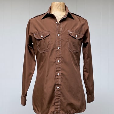 Vintage 1970s Mens Brown Long Sleeve Shirt with Epaulets, Brown Poly-Cotton Blend, Capri by David Langman, Medium 40