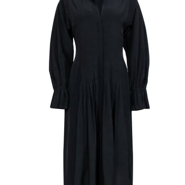 Equipment - Black Silk Pleated Midi Dress w/ Flared Sleeves Sz 6