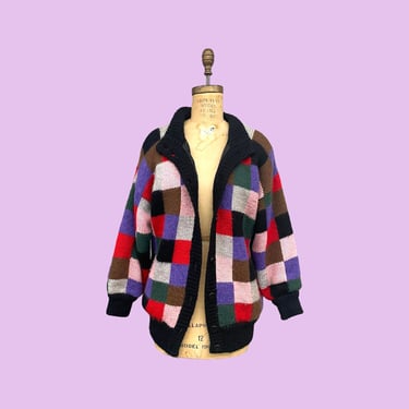 Vintage Cardigan Retro 1990s Aziza + One Size Fits All + Checkered + Colorblock + Y2K + Chunky Sweater + Fall Weather + Womens Apparel 