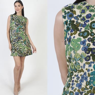 60s Psychedelic Print Dress, Mod Floral Cotton Mini, Cocktail Party Shift Frock 