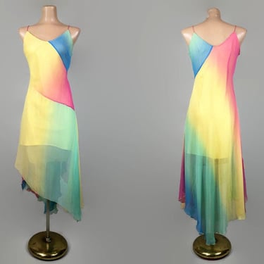 VINTAGE 90s Rainbow Ombre Silk Fairy Slip Dress by Robbie Bee Size 8 PRIDE | 1990s Bias Asymmetrical Handkerchief Hem Dress | VFG 