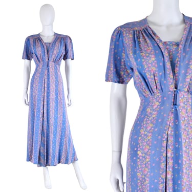 1930s Cornflower Blue Spring Floral Rayon Peignoir Set - 1930s Dressing Robe - 30s Negligee - 1940s Peignoir Set - 30s Lingerie | Size Small 